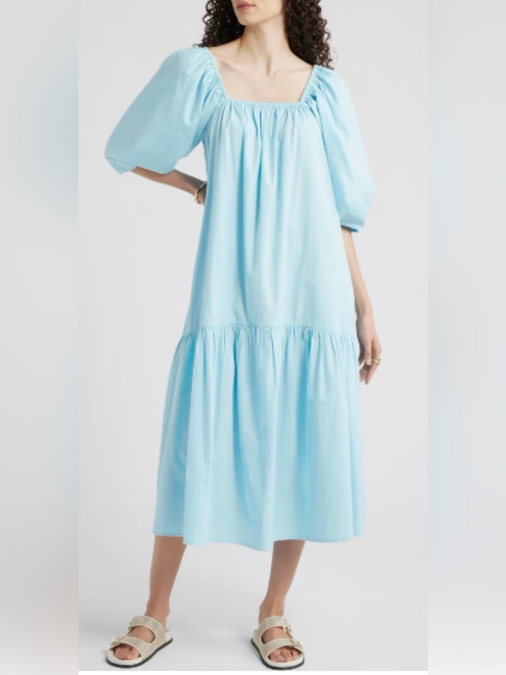 Nordstrom Light Blue Square-Neck Puff-Sleeve Tiered Midi Dress